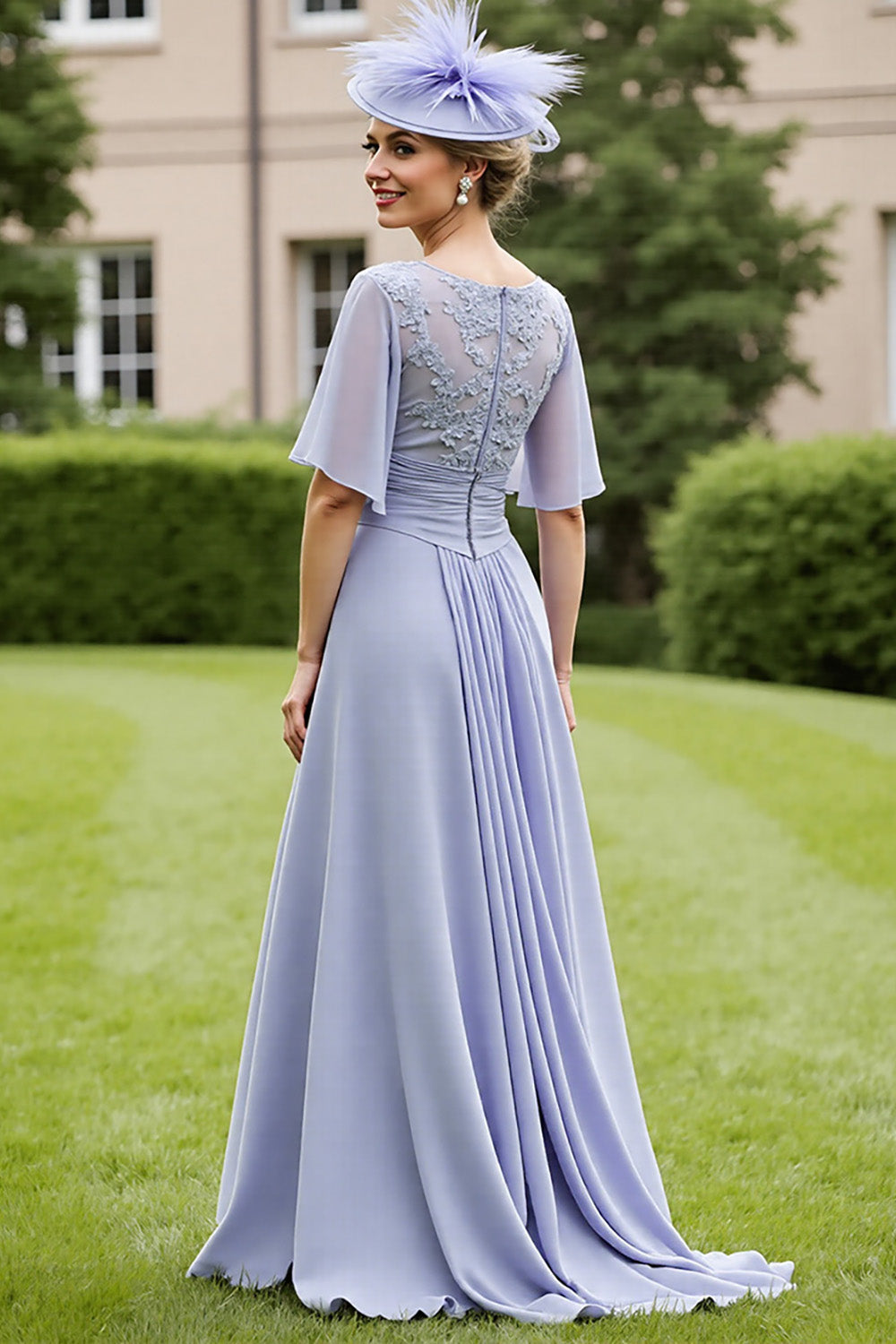 Grey Blue Chiffon Appliqued Short Sleeves High Low Mother of the Bride Dress