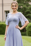 Grey Blue Chiffon Appliqued Short Sleeves High Low Mother of the Bride Dress