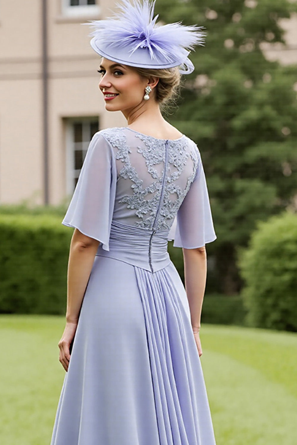 Grey Blue Chiffon Appliqued Short Sleeves High Low Mother of the Bride Dress
