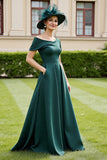 Pine One Shoulder Satin A Line Long Mother of the Bride Dress with Pockets
