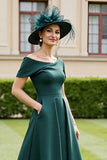 Pine One Shoulder Satin A Line Long Mother of the Bride Dress with Pockets