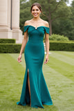 Mermaid Peacock Green Off the Shoulder Long Mother of the Bride Dress with Slit