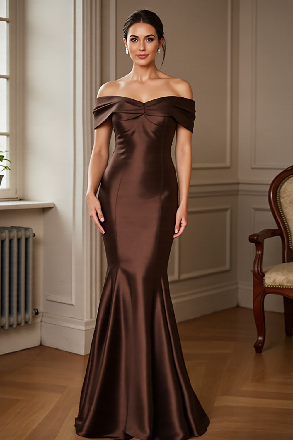 Off the Shoulder Mermaid Satin Brown Long Mother of the Bride Dress