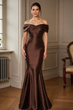 Off the Shoulder Mermaid Satin Brown Long Mother of the Bride Dress