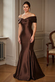 Off the Shoulder Mermaid Satin Brown Long Mother of the Bride Dress