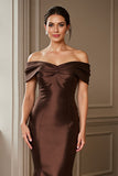 Off the Shoulder Mermaid Satin Brown Long Mother of the Bride Dress