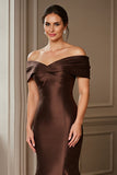 Off the Shoulder Mermaid Satin Brown Long Mother of the Bride Dress