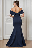 Navy Mermaid Off the Shoulder Long Mother of the Bride Dress with Appliques