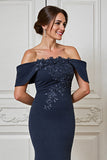 Navy Mermaid Off the Shoulder Long Mother of the Bride Dress with Appliques