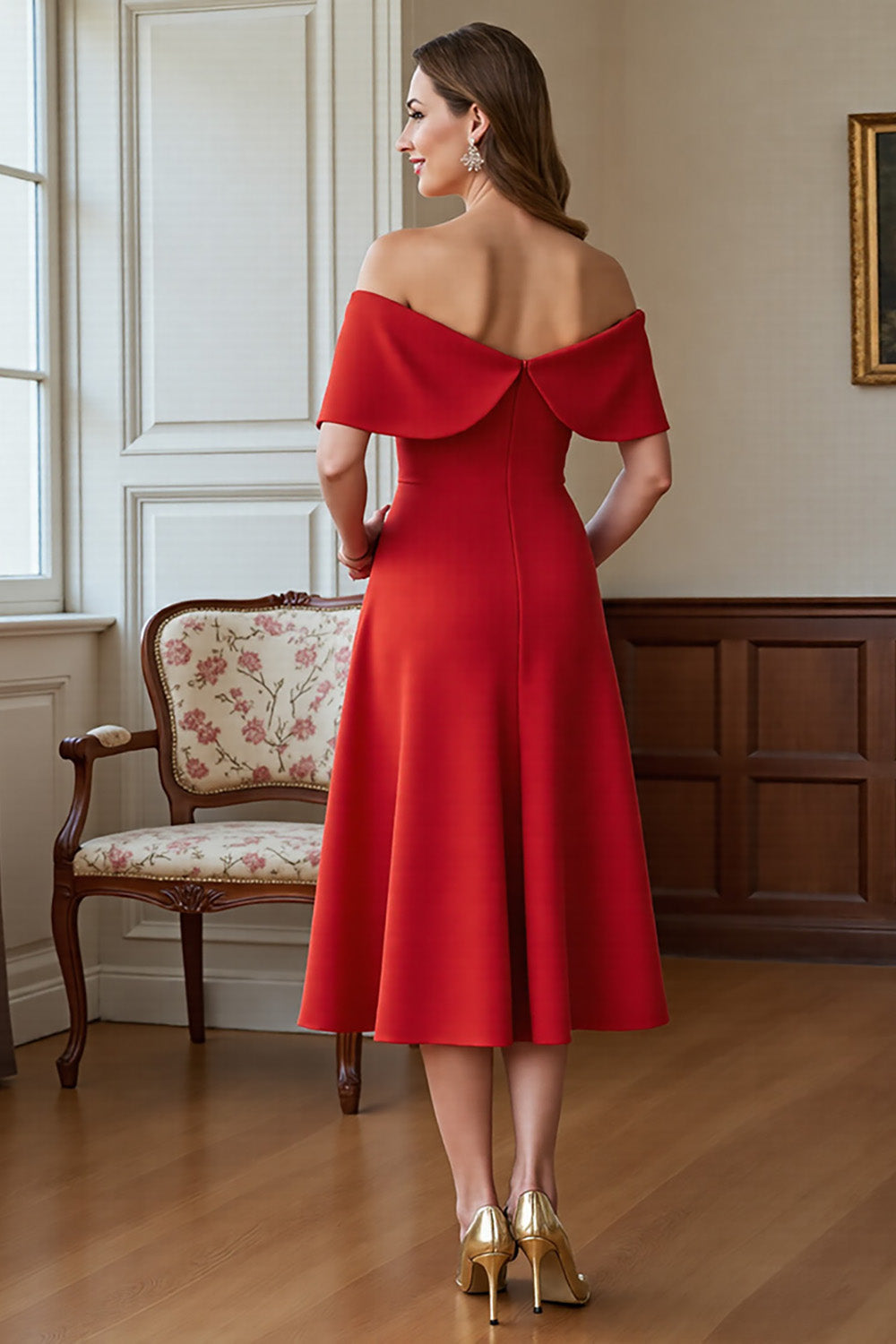 Red A Line Off the Shoulder Long Mother Of the Bride Dress with Bow