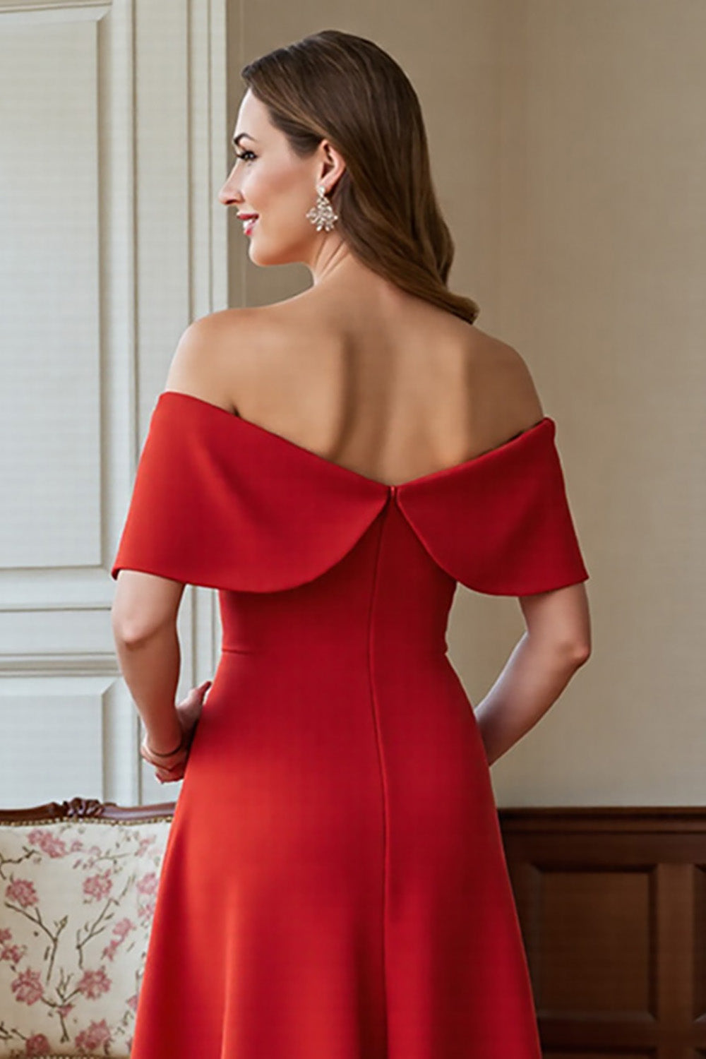 Red A Line Off the Shoulder Long Mother Of the Bride Dress with Bow