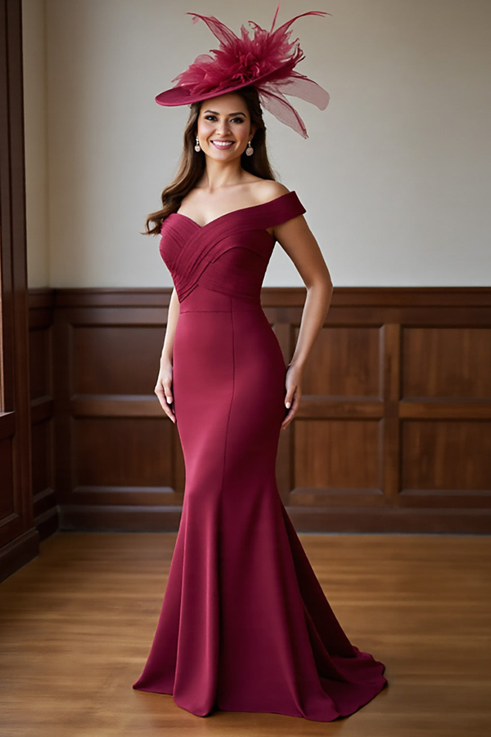 Burgundy Mermaid Off the Shoulder Long Satin Mother of the Bride Dress