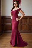 Burgundy Mermaid Off the Shoulder Long Satin Mother of the Bride Dress