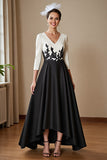 Satin A Line Black and White 3/4 Sleeves High Low Mother of the Bride Dress with Lace