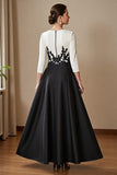 Satin A Line Black and White 3/4 Sleeves High Low Mother of the Bride Dress with Lace