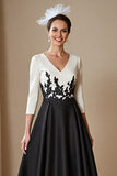 Satin A Line Black and White 3/4 Sleeves High Low Mother of the Bride Dress with Lace