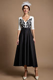 Black and White A Line Half Sleeves Long Mother of the Bride Dress with Appliques