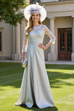 Silver Satin A Line 3/4 Sleeves Long Mother of the Bride Dress with Lace