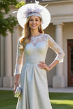 Silver Satin A Line 3/4 Sleeves Long Mother of the Bride Dress with Lace