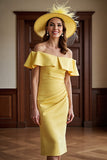 Daffodil Off the Shoulder Ruched Sheath Ruffled Long Mother of the Bride Dress