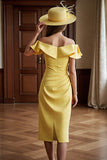 Daffodil Off the Shoulder Ruched Sheath Ruffled Long Mother of the Bride Dress