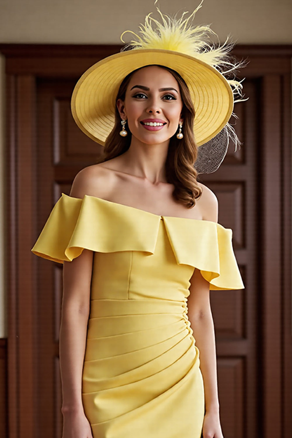 Daffodil Off the Shoulder Ruched Sheath Ruffled Long Mother of the Bride Dress
