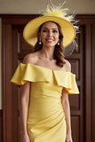 Daffodil Off the Shoulder Ruched Sheath Ruffled Long Mother of the Bride Dress