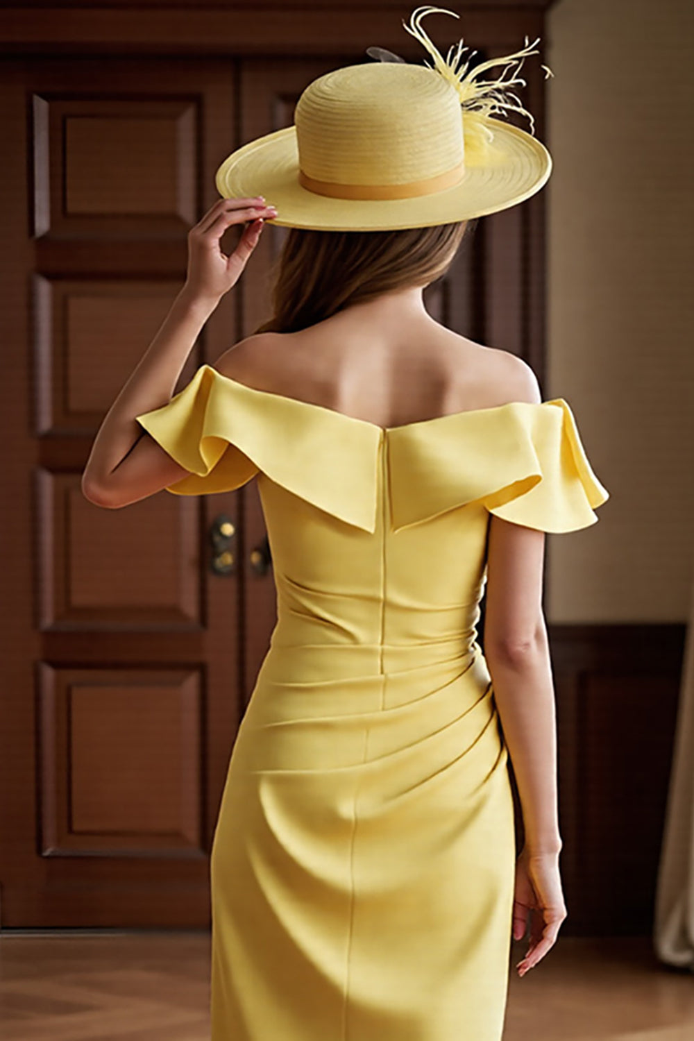 Daffodil Off the Shoulder Ruched Sheath Ruffled Long Mother of the Bride Dress