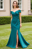Peacock Green Ruched Off the Shoulder Long Mother of the Bride Dress with Slit