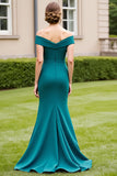 Peacock Green Ruched Off the Shoulder Long Mother of the Bride Dress with Slit