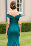 Peacock Green Ruched Off the Shoulder Long Mother of the Bride Dress with Slit