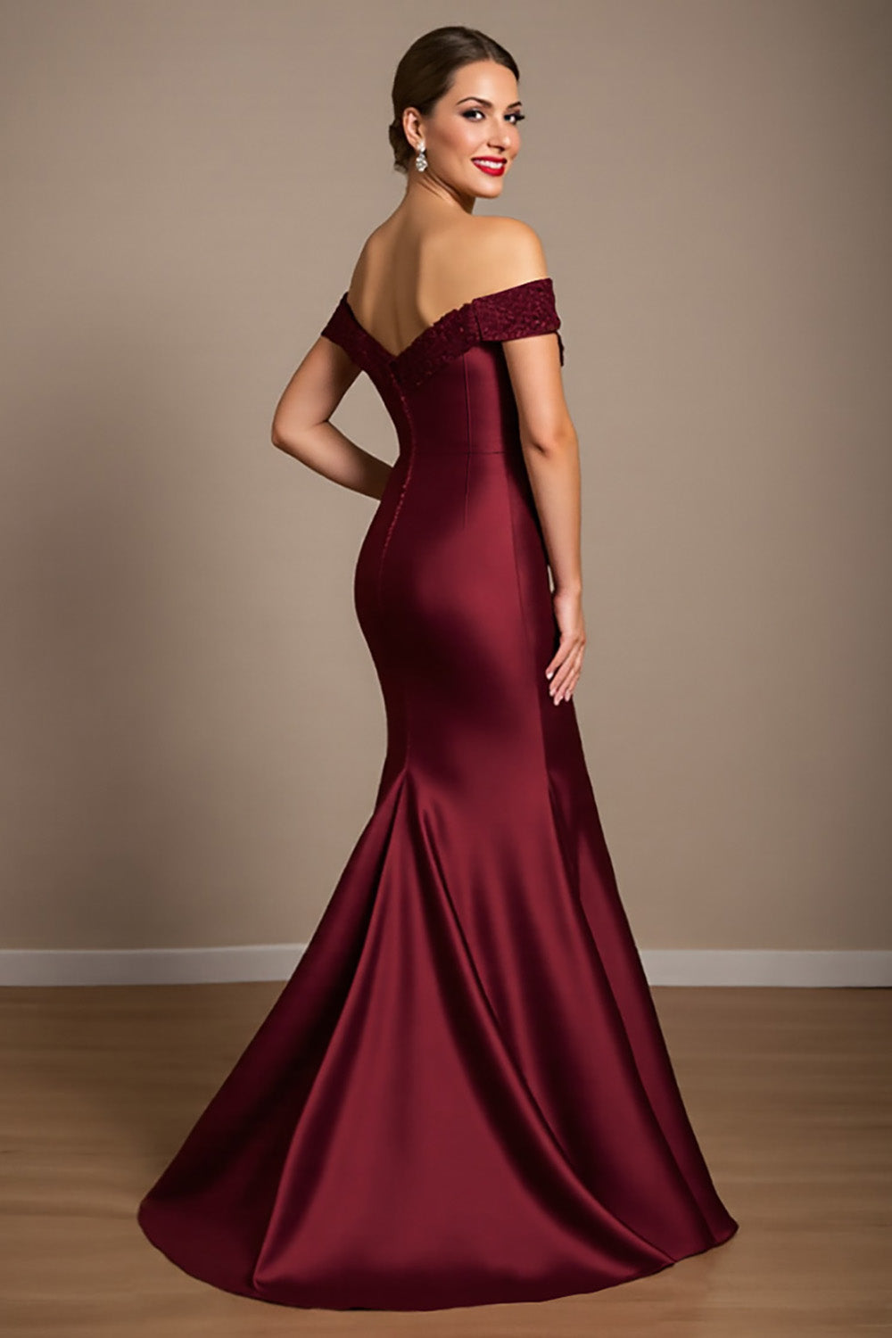 Off The Shoulder Burgundy Mermaid Satin Long Mother Of The Bride Dress