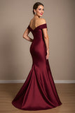 Off The Shoulder Burgundy Mermaid Satin Long Mother Of The Bride Dress
