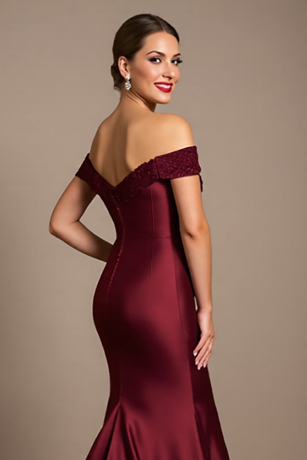 Off The Shoulder Burgundy Mermaid Satin Long Mother Of The Bride Dress
