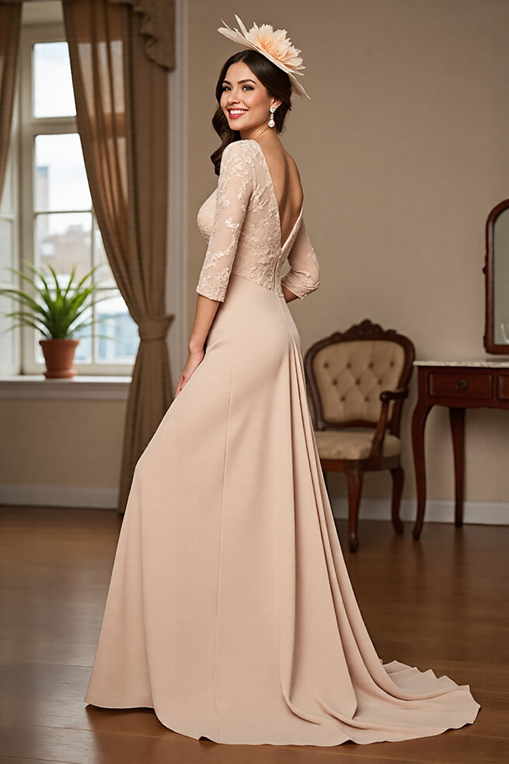 Apricot Mermaid 3/4 Sleeves Long Mother Of The Bride Dress With Lace