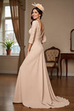 Apricot Mermaid 3/4 Sleeves Long Mother Of The Bride Dress With Lace