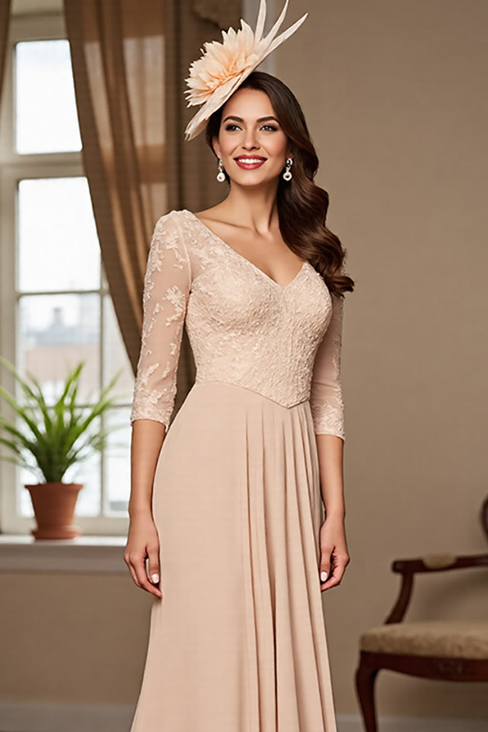 Apricot Mermaid 3/4 Sleeves Long Mother Of The Bride Dress With Lace