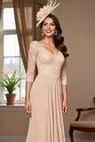 Apricot Mermaid 3/4 Sleeves Long Mother Of The Bride Dress With Lace