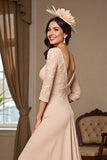 Apricot Mermaid 3/4 Sleeves Long Mother Of The Bride Dress With Lace