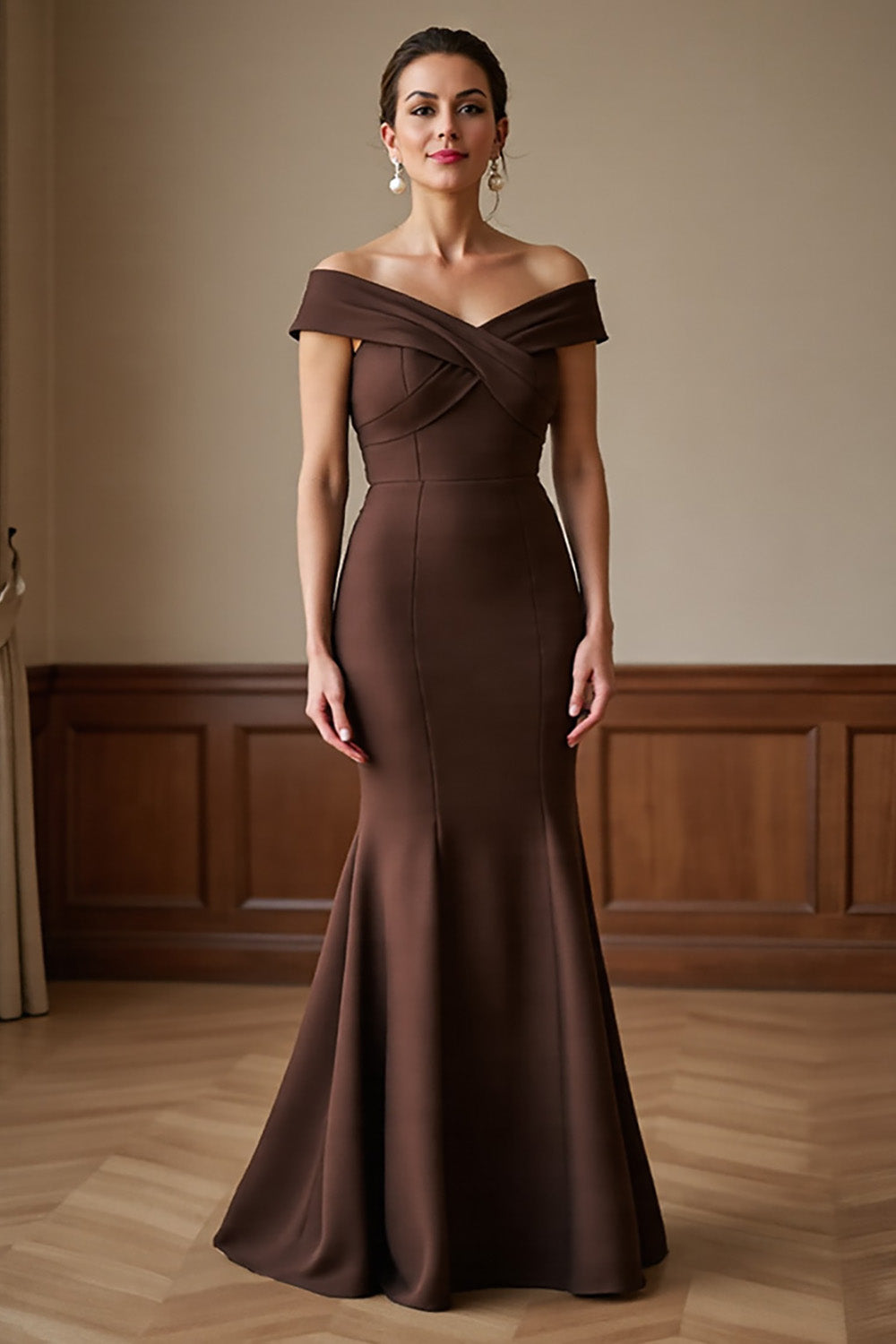 Off The Shoulder Brown Long Mermaid Mother Of The Bride Dress