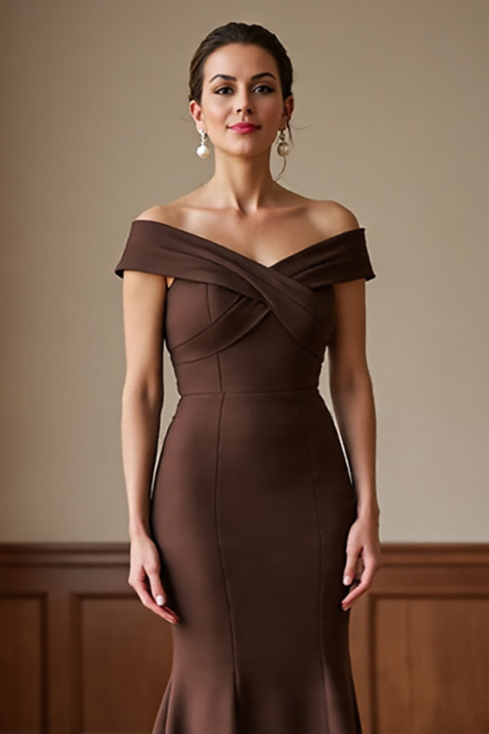 Off The Shoulder Brown Long Mermaid Mother Of The Bride Dress