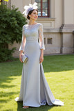 Mermaid 3/4 Sleeves Silver Long Mother Of The Bride Dress With Lace