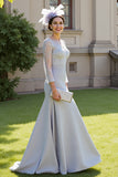 Mermaid 3/4 Sleeves Silver Long Mother Of The Bride Dress With Lace