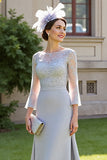 Mermaid 3/4 Sleeves Silver Long Mother Of The Bride Dress With Lace