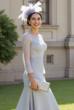 Mermaid 3/4 Sleeves Silver Long Mother Of The Bride Dress With Lace