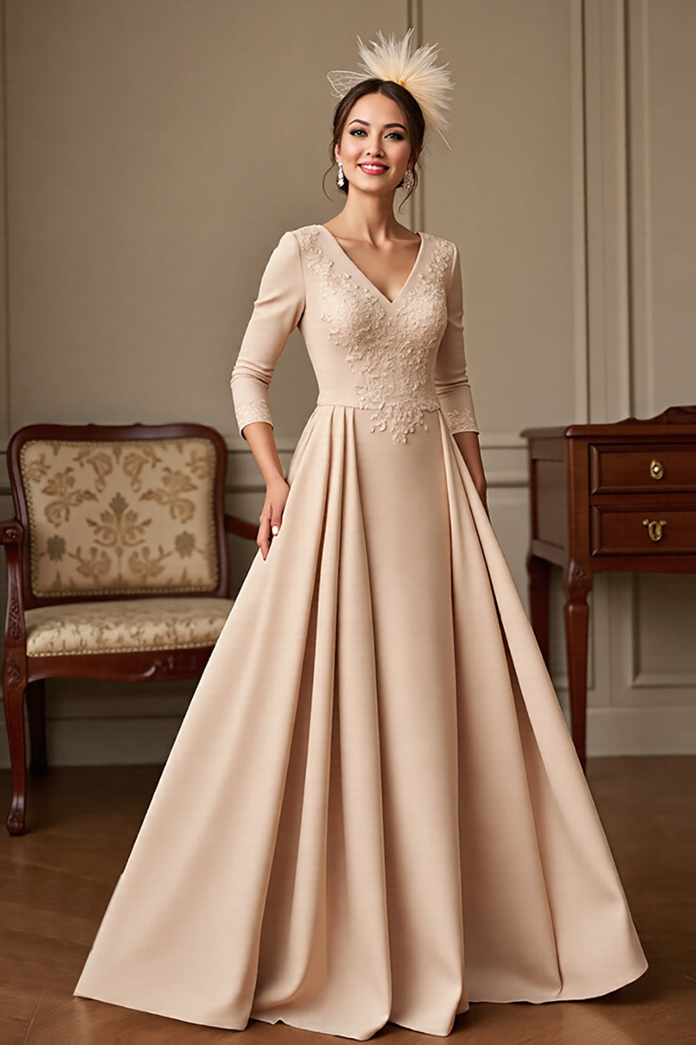 Apricot A Line 3/4 Sleeves Long Mother Of The Bride Dress With Lace