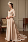 Apricot A Line 3/4 Sleeves Long Mother Of The Bride Dress With Lace