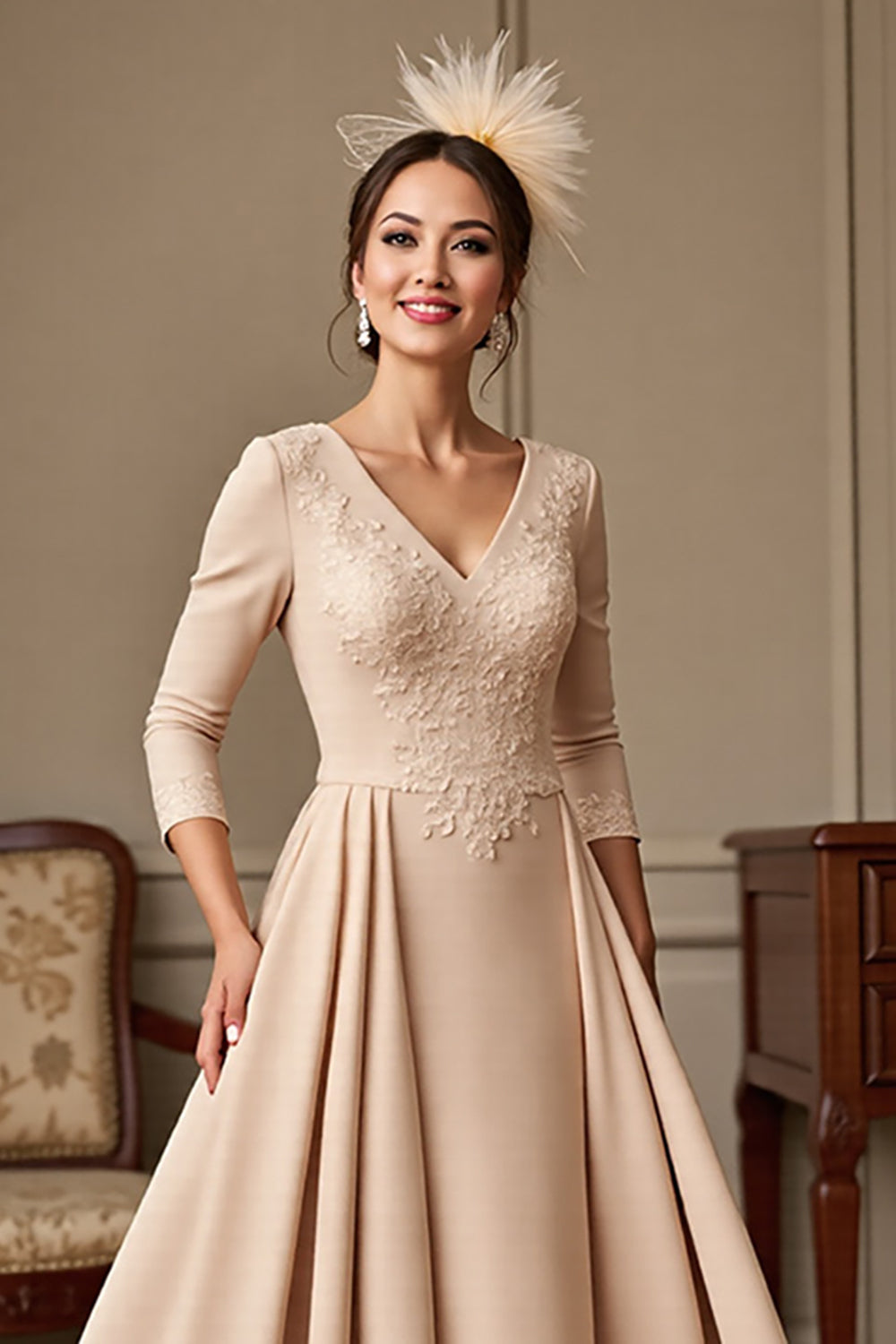 Apricot A Line 3/4 Sleeves Long Mother Of The Bride Dress With Lace