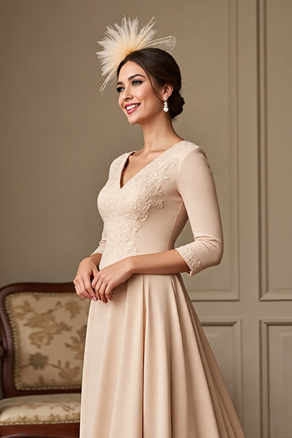 Apricot A Line 3/4 Sleeves Long Mother Of The Bride Dress With Lace