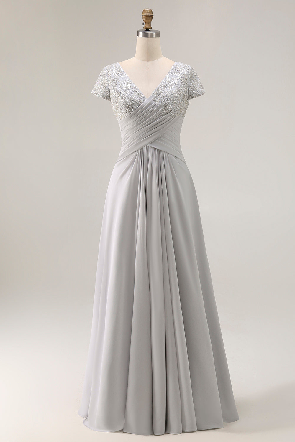 Silver V Neck Ruched A Line Long Mother Of The Bride Dress